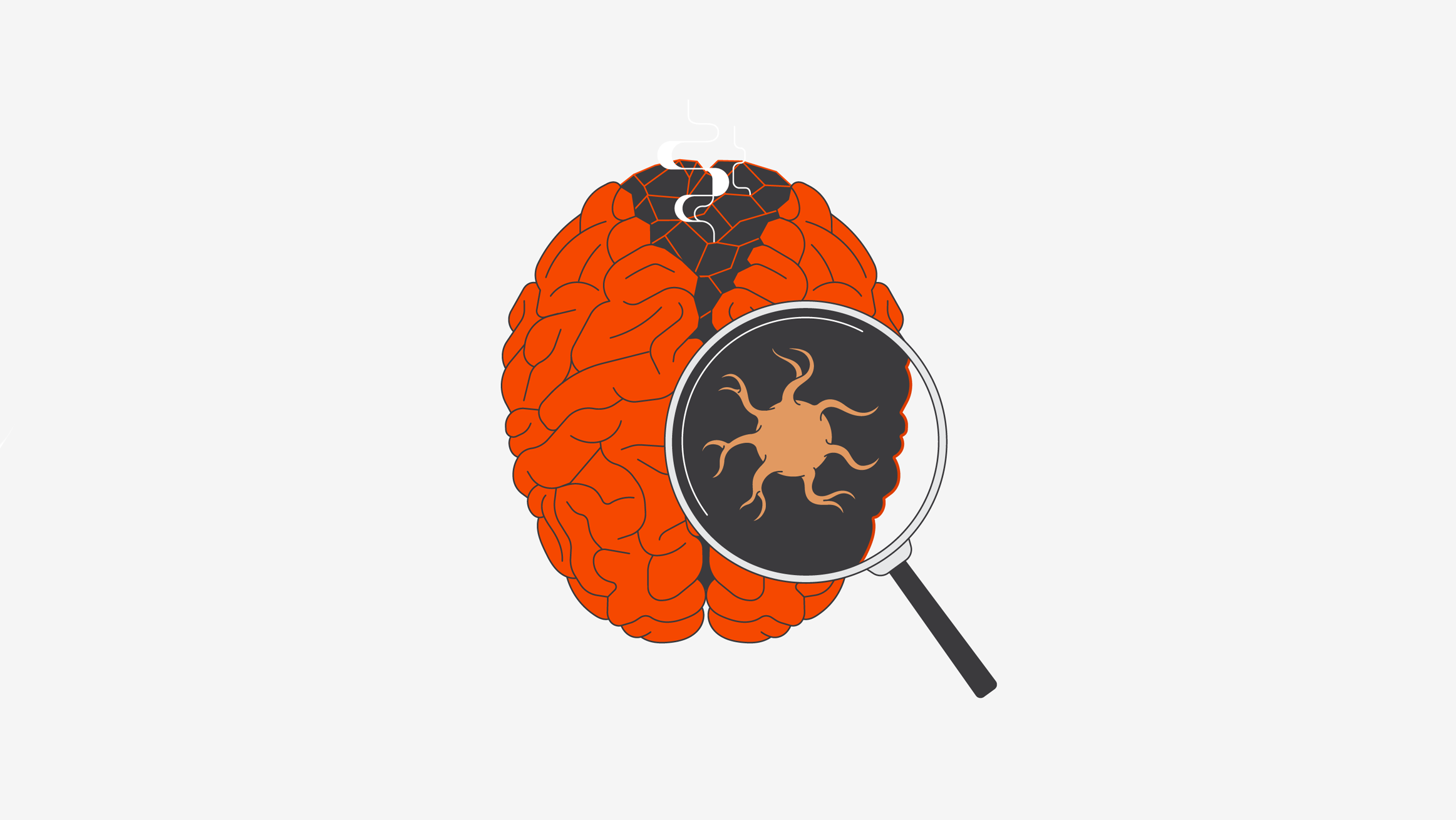 Illustration of a smoldering brain and a magnifying glass showing microglia in the brain
