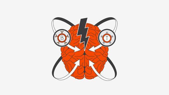 Illustration of acute neuroinflammation with a brain, lightning bolt and arrows with circles on them with the letters B and T