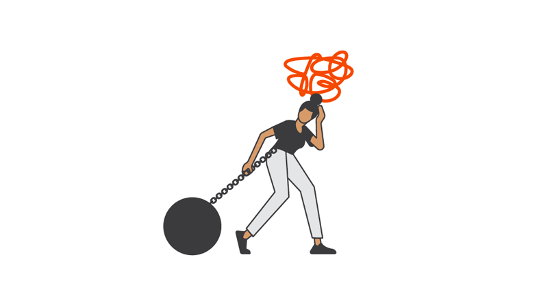 Illustration of a woman being pulled back by a heavy weight