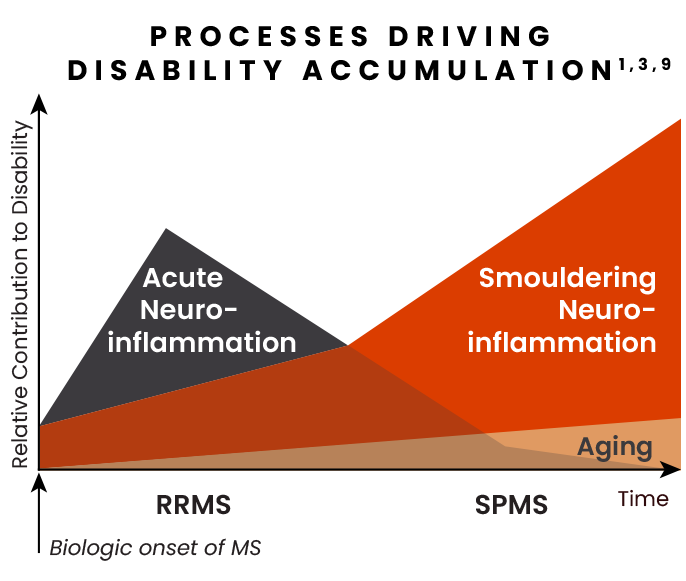 Illustration depicting shifting contribution to disability of acute and smouldering neuroinflammation.