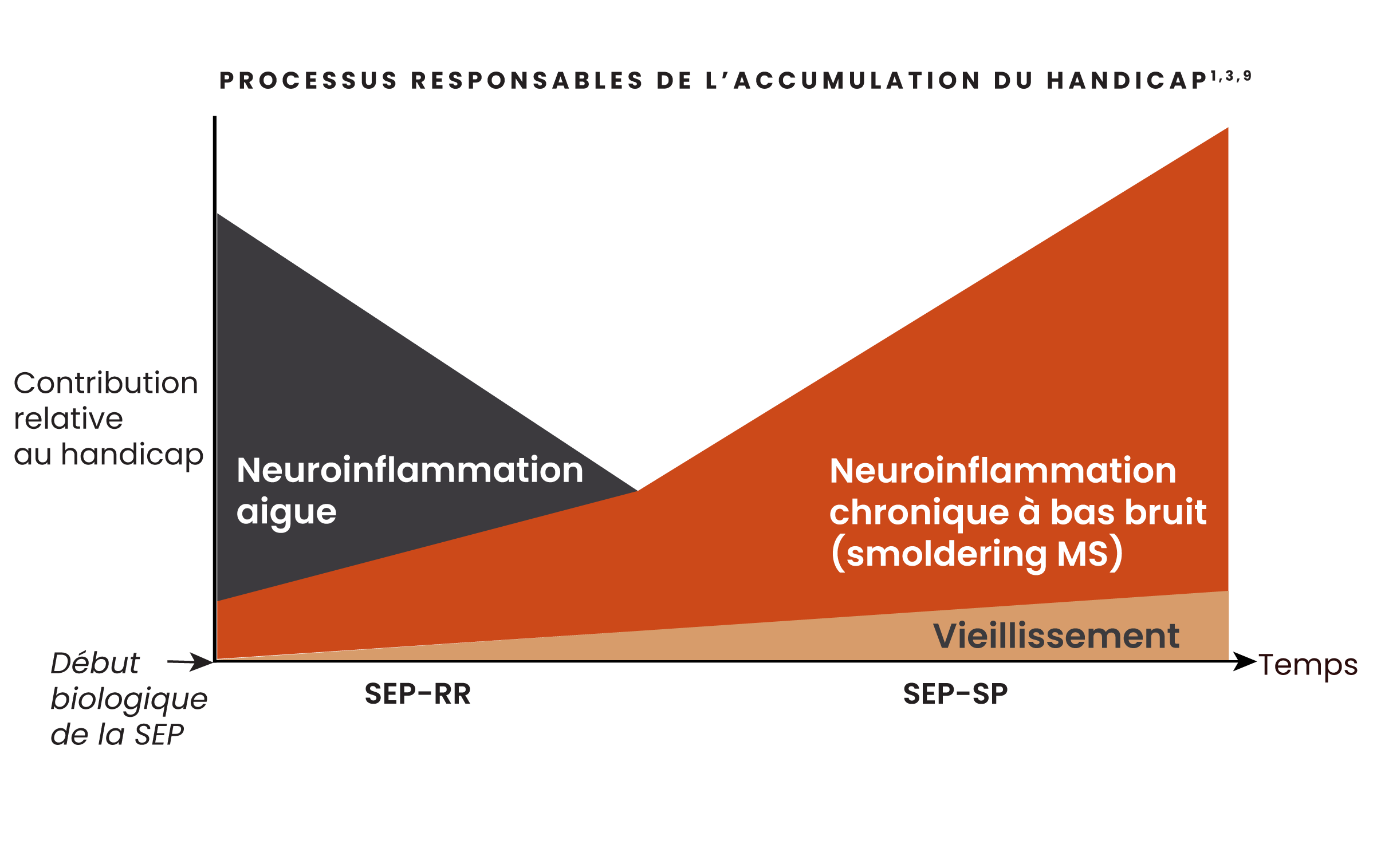 Illustration montrant la contribution évolutive au handicap de la neuroinflammation aiguë et chronique à bas bruit.