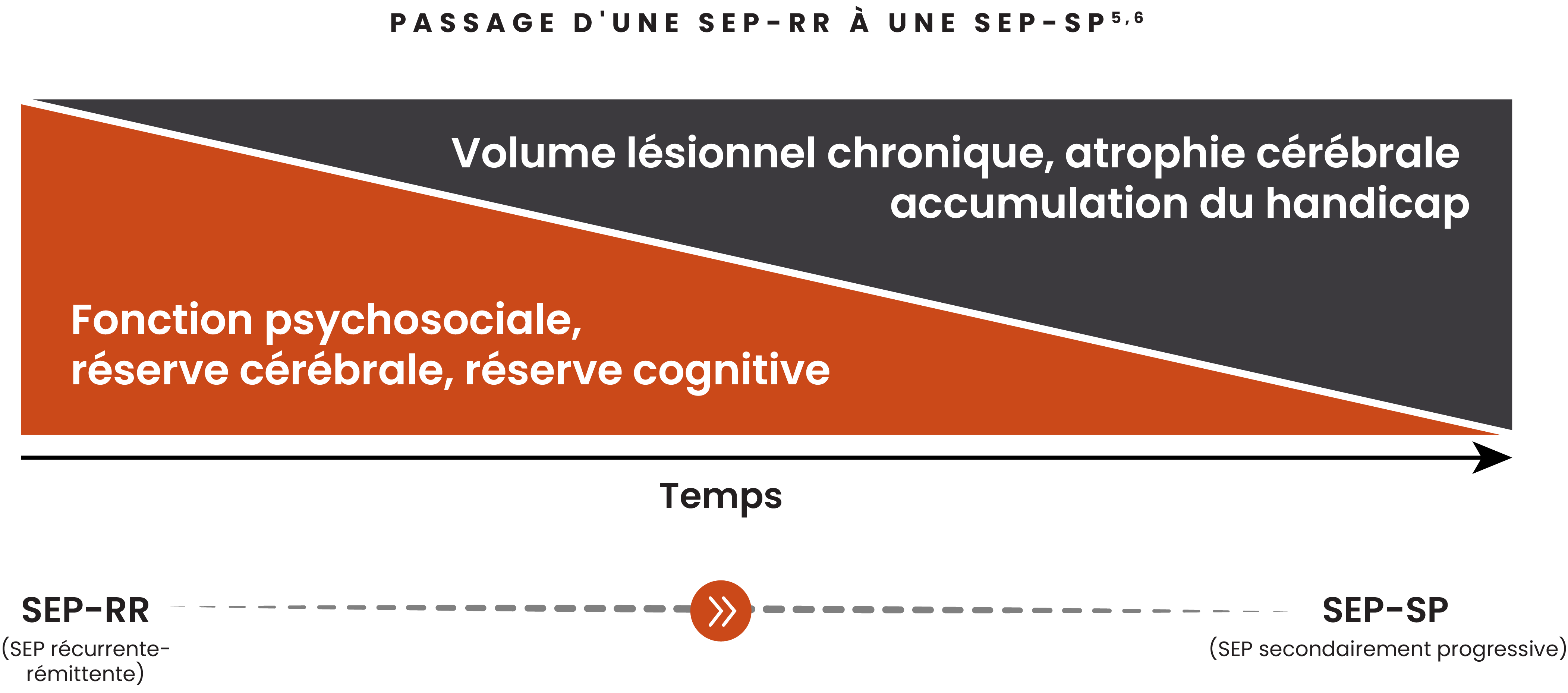 Illustration montrant l'impact de l'accumulation du handicap au fil du temps, notamment l'augmentation du volume des lésions chroniques, l'atrophie cérébrale, l'accumulation du handicap et la diminution des fonctions psychosociales, de la réserve cérébrale et de la réserve cognitive chez les patients atteints de SEP-RR et de SEP-SP.