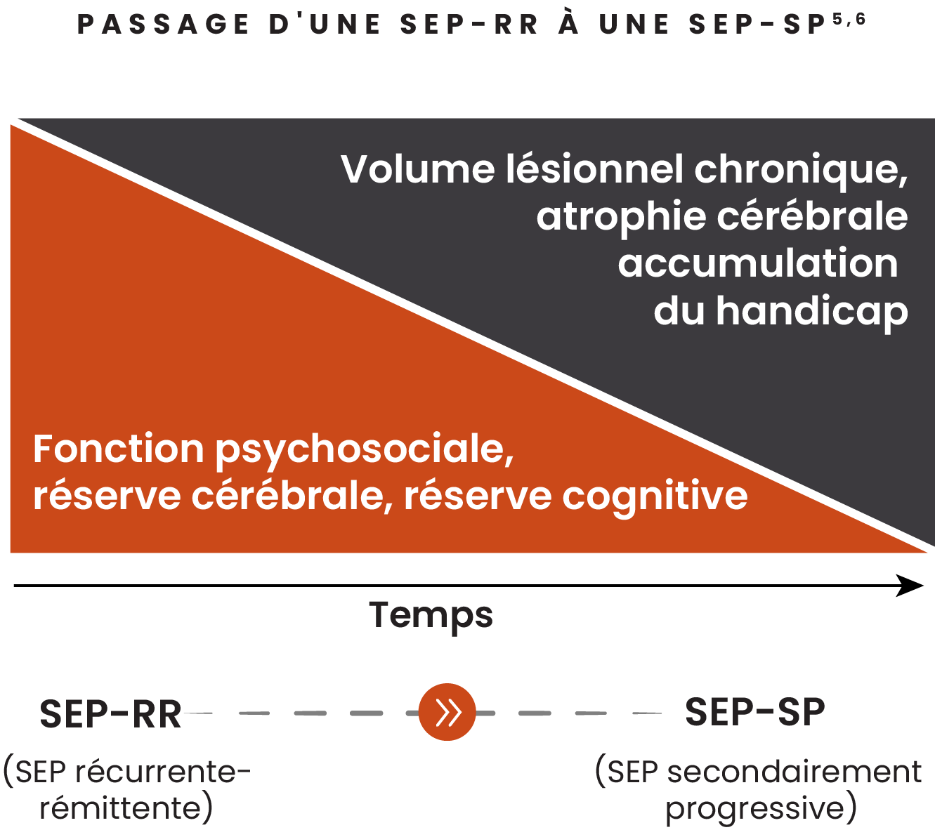 Illustration montrant l'impact de l'accumulation du handicap au fil du temps, notamment l'augmentation du volume des lésions chroniques, l'atrophie cérébrale, l'accumulation du handicap et la diminution des fonctions psychosociales, de la réserve cérébrale et de la réserve cognitive chez les patients atteints de SEP-RR et de SEP-SP.